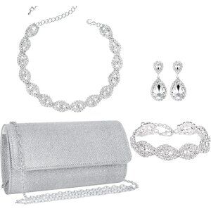 Silver Plated Jewelry Set Earrings Necklace Bracelet Clutch for Women
